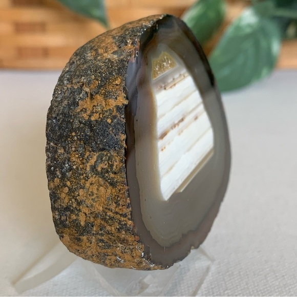 Thick Agate Geode Slab Slice Natural Crystal Gold Druzy Brazilian W Free Stand - Picture 3 of 10